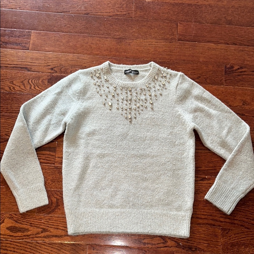 New without tags Elegant Gray Sweater with Rhinestone Accents. Size small